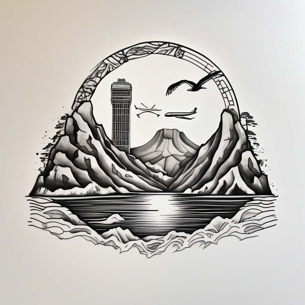 Round Travel collage with Half moon bay cliffs, mountains, Kansas city skyline and Arc de Triomphe, Jamaican beach spilled watercolor and tiny jet plane silhouette and a tiny ski boat in the water, design de tatouage Japonais généré par IA