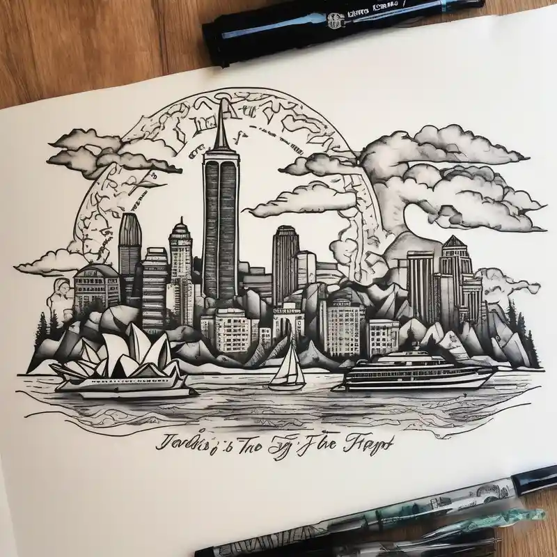 Round Travel collage with San Francisco, mountains, Kansas city skyline and Arc de Triomphe, Jamaican beach spilled