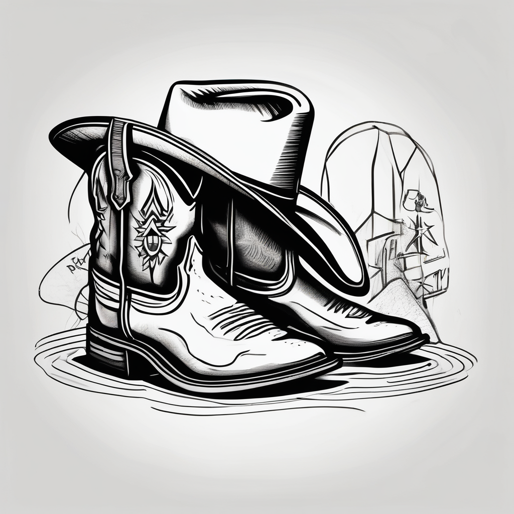 Keep it simple. A pair of outdoor boots next to two flip flops and a cowboyhat on the Beach., design de tatouage Croquis généré par IA