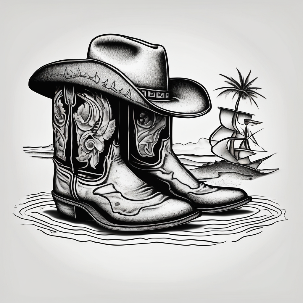 Keep it simple. A pair of outdoor boots next to two flip flops and a cowboyhat on the Beach., design de tatouage Surréaliste généré par IA