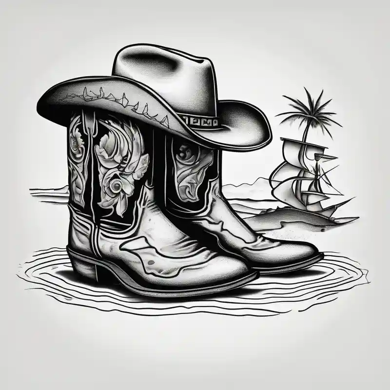 Keep it simple. A pair of outdoor boots next to two flip flops and a cowboyhat on the Beach.