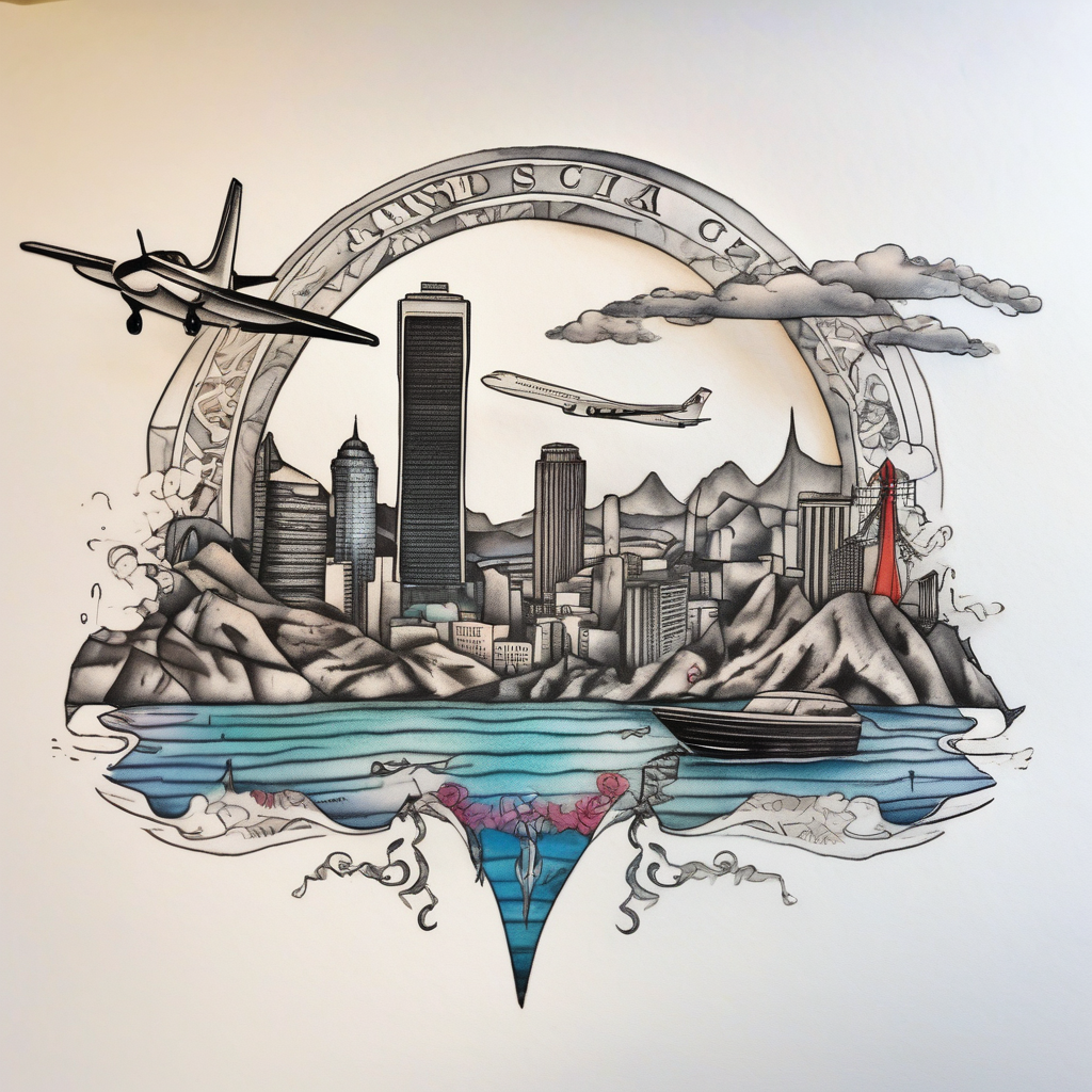 Round Travel collage with San Francisco, mountains, Kansas city skyline and Arc de Triomphe, Jamaican beach spilled watercolor and tiny jet plane silhouette and a tiny ski boat in the water, design de tatouage Surréaliste généré par IA