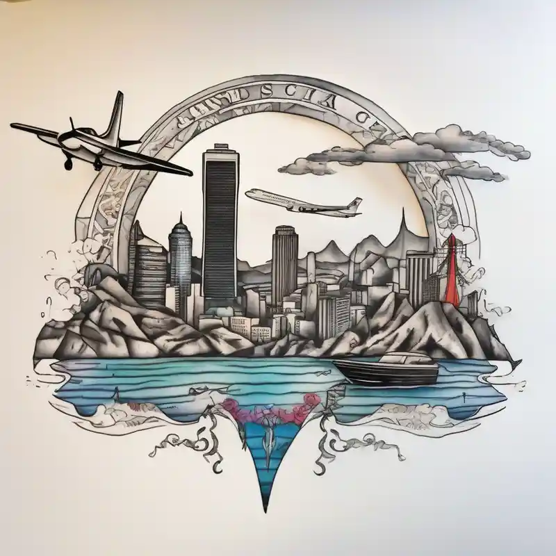 Round Travel collage with San Francisco, mountains, Kansas city skyline and Arc de Triomphe, Jamaican beach spilled – Surréaliste, Noir et blanc