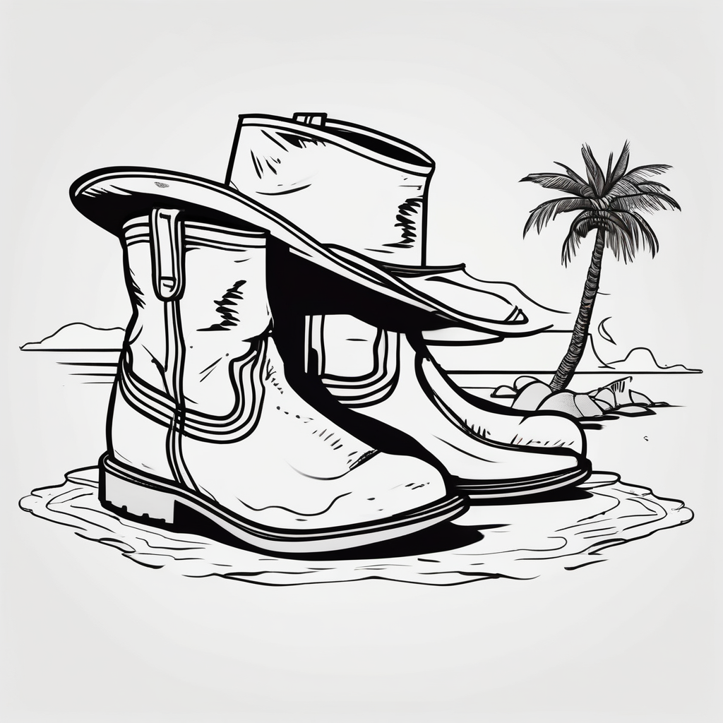 Two flip flops next to a pair of timberland boots on the Beach. ADD a cowboyhat, design de tatouage Cartoon généré par IA