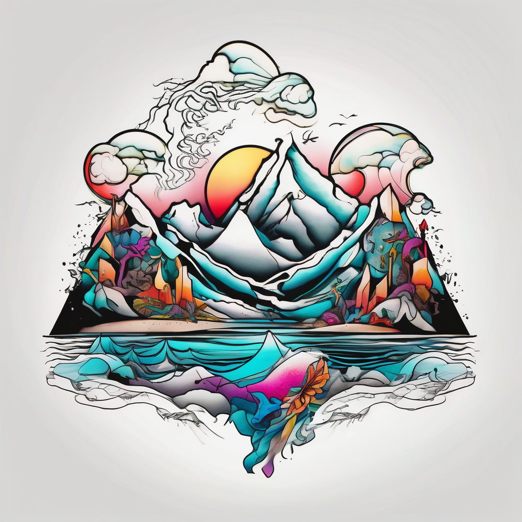 Mountain, beach, ocean, AI-generated Surreal tattoo design
