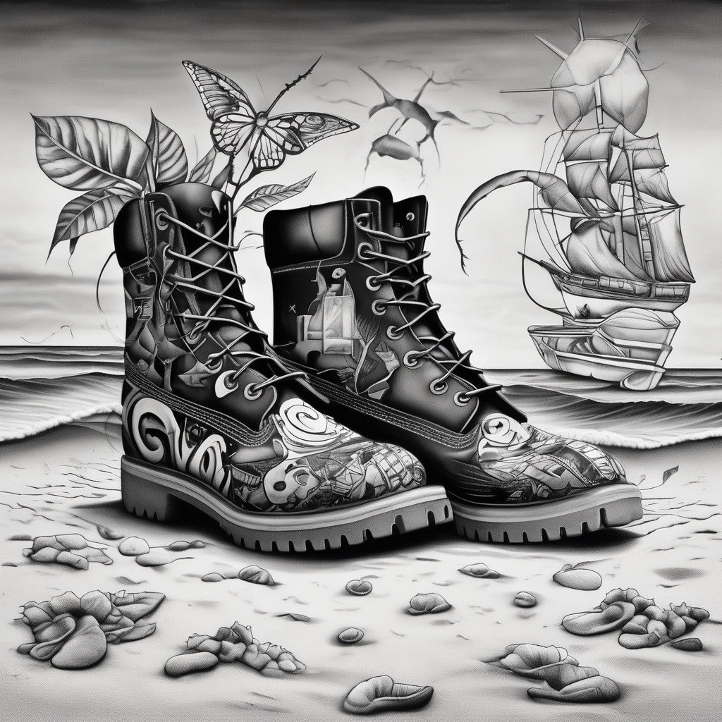 Two flip flops next to a pair of timberland boots on the Beach., AI-generated Surreal tattoo design