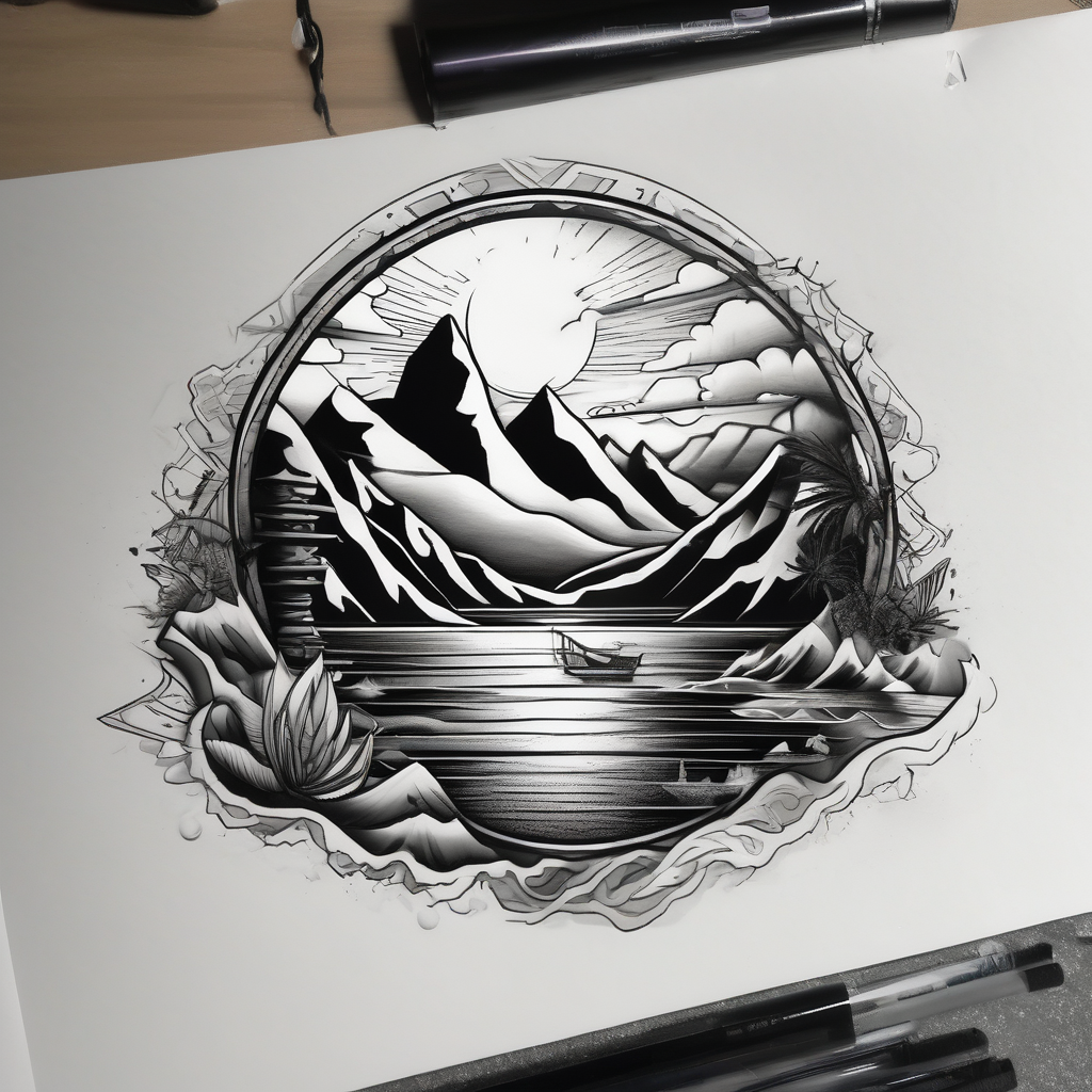 Mountain, beach, ocean, AI-generated Black and White tattoo design