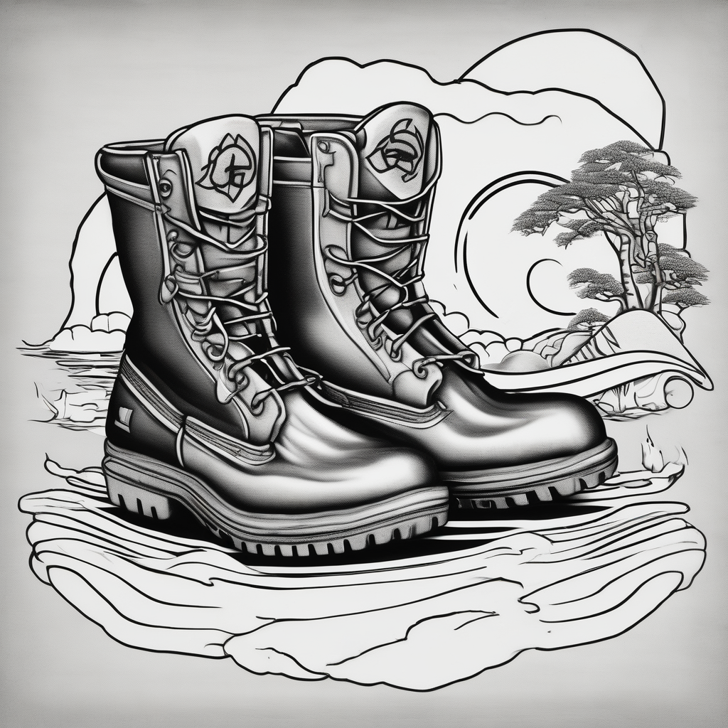 Two flip flops next to a pair of timberland boots on the Beach., design de tatouage Japonais généré par IA