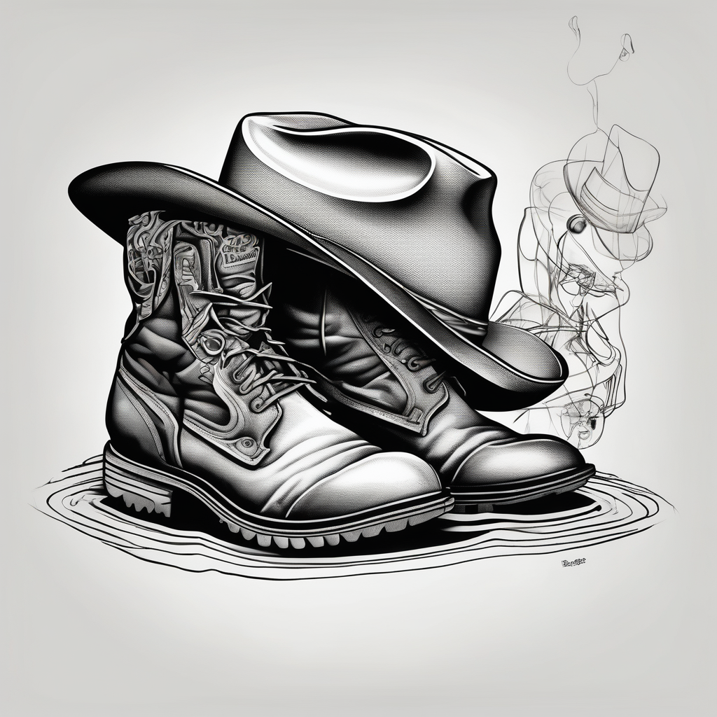 Keep it simple. A pair of timberland boots next to two flip flops and a cowboyhat on the Beach., design de tatouage Surréaliste généré par IA