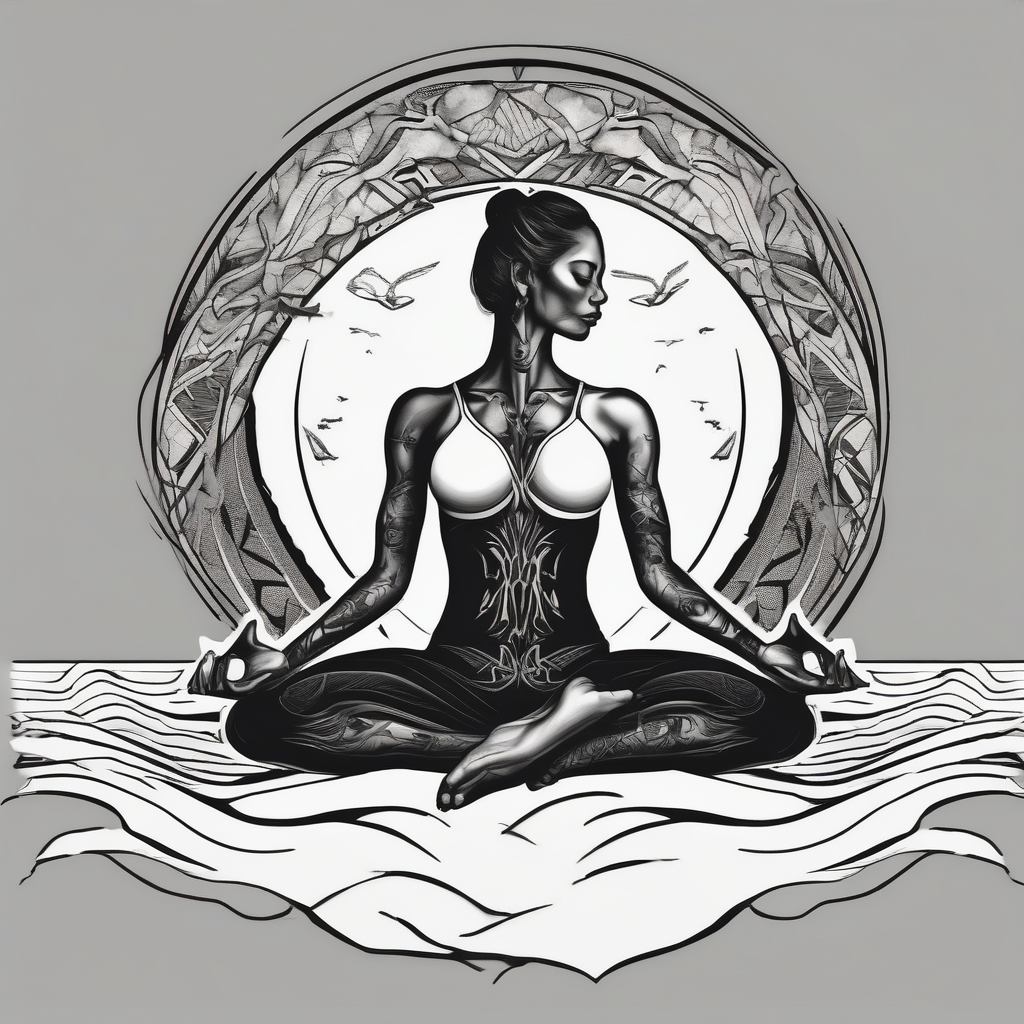 yoga pose on beach, design de tatouage Noir et blanc généré par IA