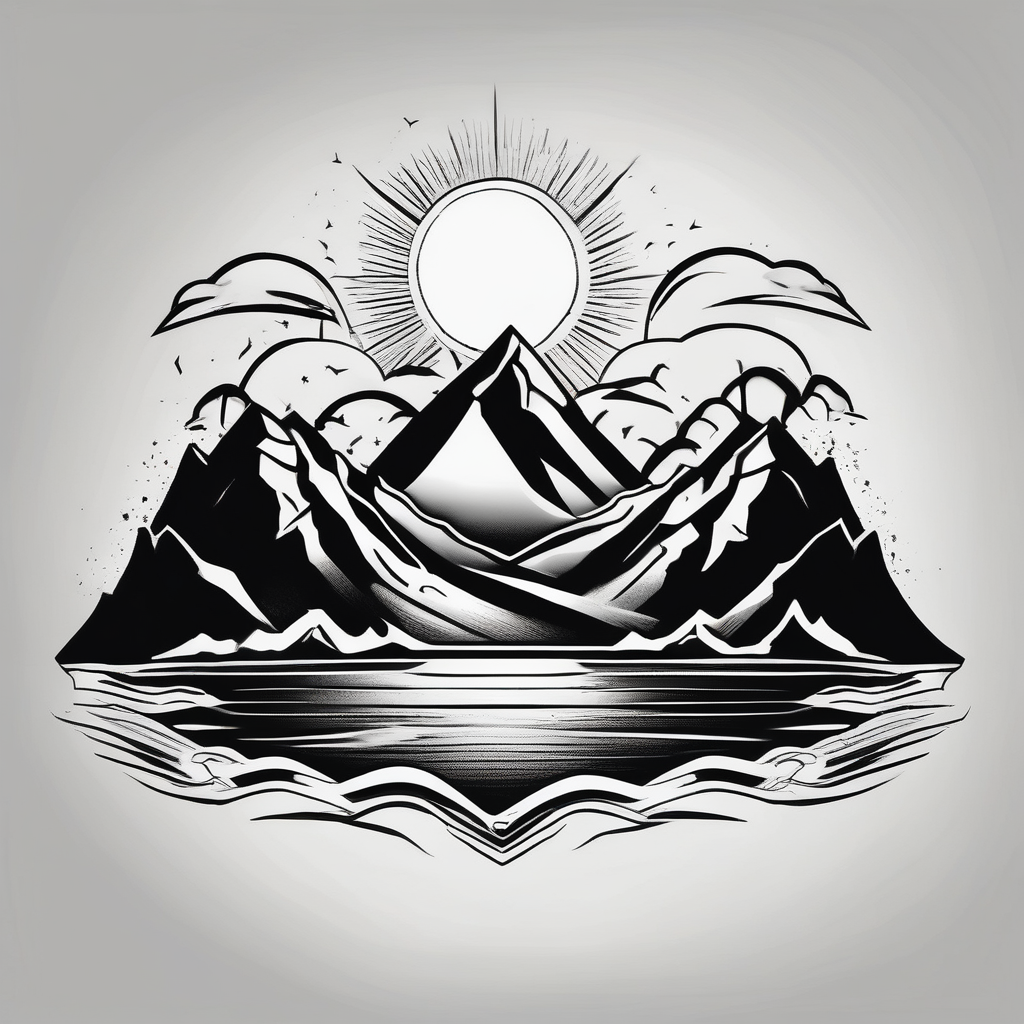 Mountain, beach, ocean, design de tatouage Noir et blanc généré par IA