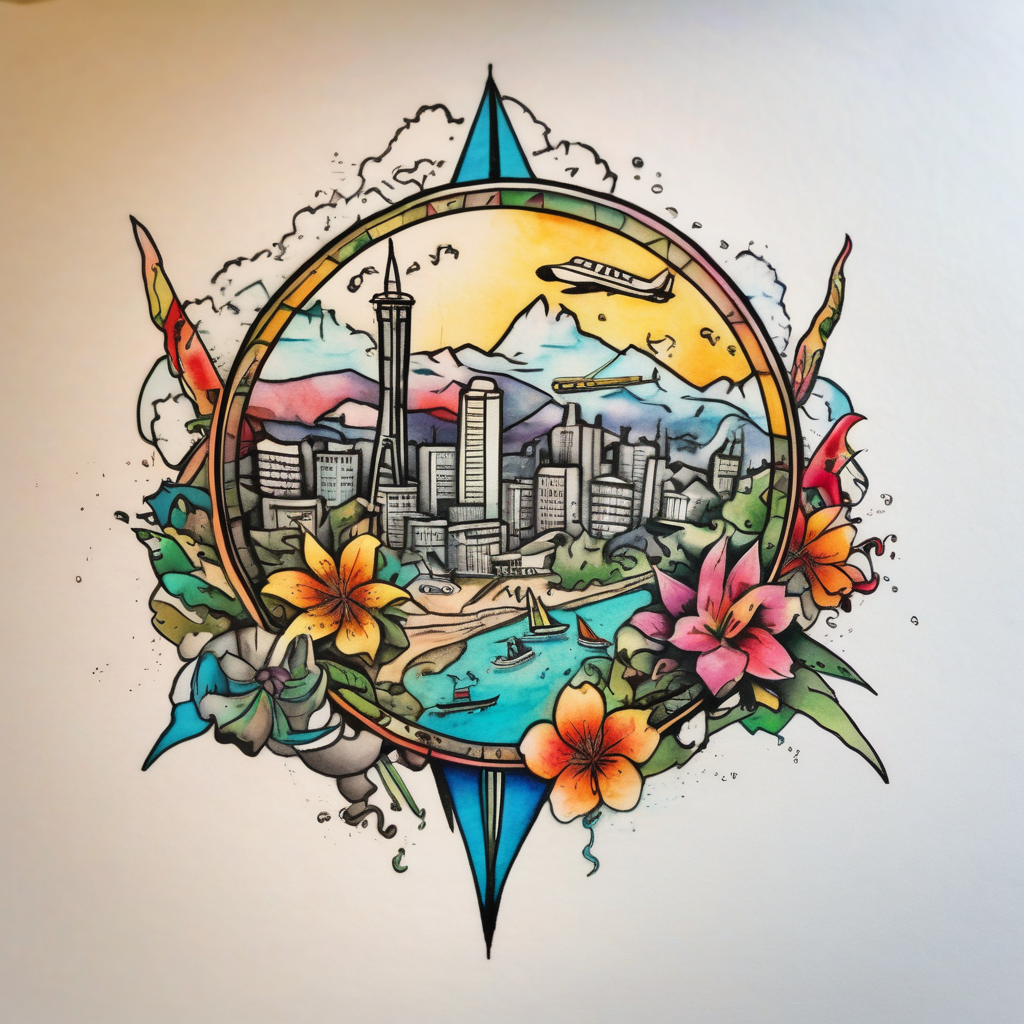 Round Travel collage with San Francisco, mountains, Kansas city skyline and, Jamaican beach all inside a compass rose spilled watercolor and tiny jet plane silhouette and a tiny ski boat in the water, AI-generated Cartoon tattoo design