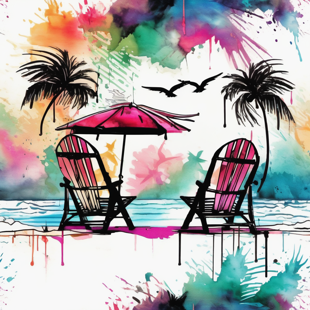 Beach scene with 2 chairs and umbrella and palm tree with bird silhouettes in the sky, diseño de tatuaje Acuarela generado con IA