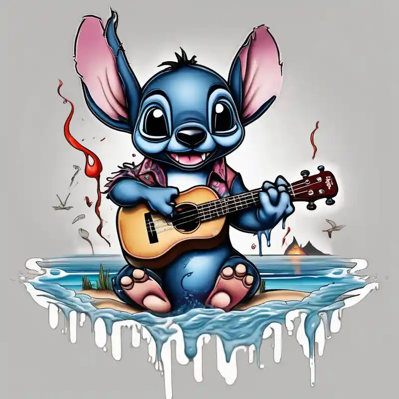 Stitch tattoo on arm under shoulder that is the version of stitch where he’s dressed up like Elvis playing a ukulele on a