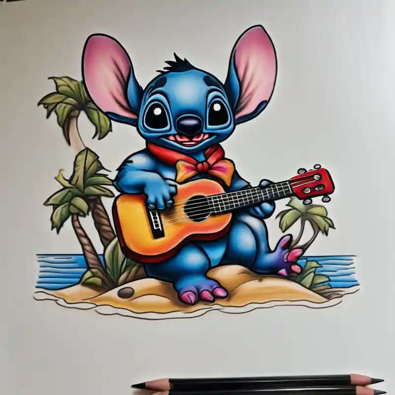 Stitch tattoo on arm under shoulder that is the version of stitch where he’s dressed up like Elvis playing a ukulele on a – Réaliste, Couleurs vives
