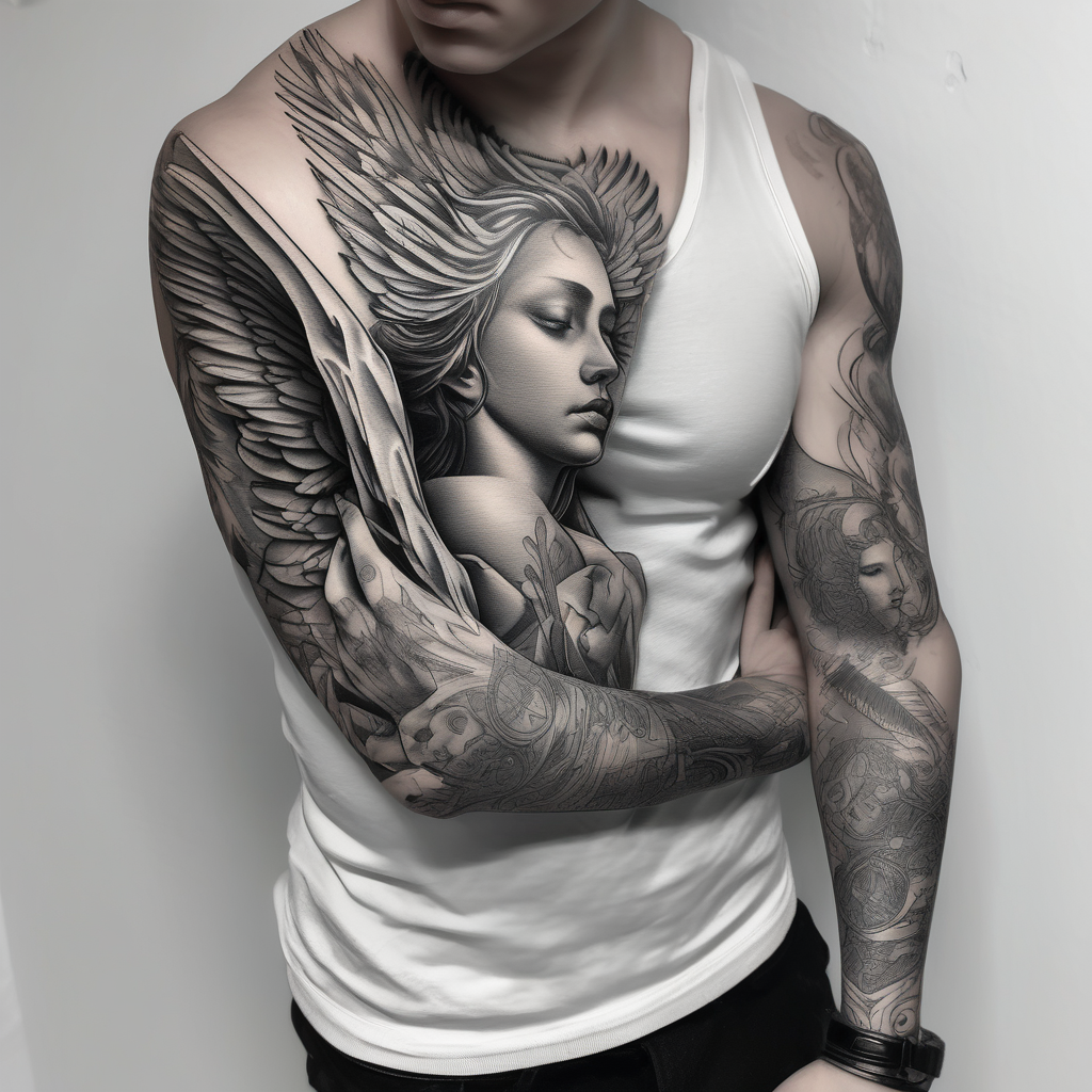 Arm sleeve with angels as a memorial beautiful-sleeve(AIが生成した白黒スタイルのタトゥーデザイン)
