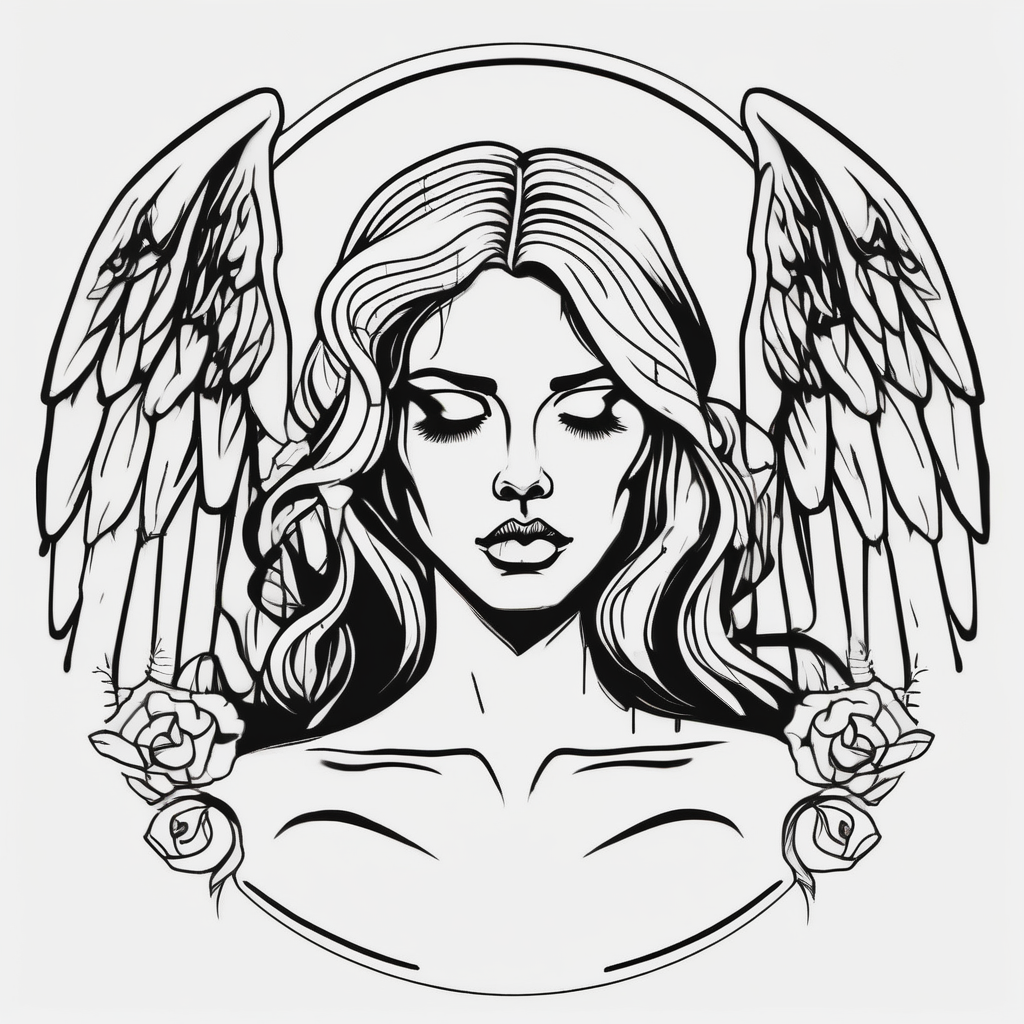 Beautiful woman angel crying over a tombstone beautiful-sleeve, design de tatouage Minimaliste généré par IA
