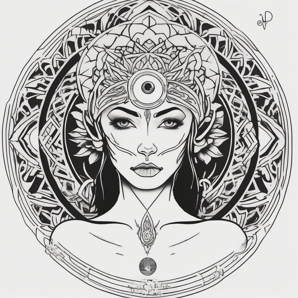 beautiful woman dmt deity eyes white and 3rd eye open with mandala fully behind head beautiful-sleeve, diseño de tatuaje Minimalista generado con IA