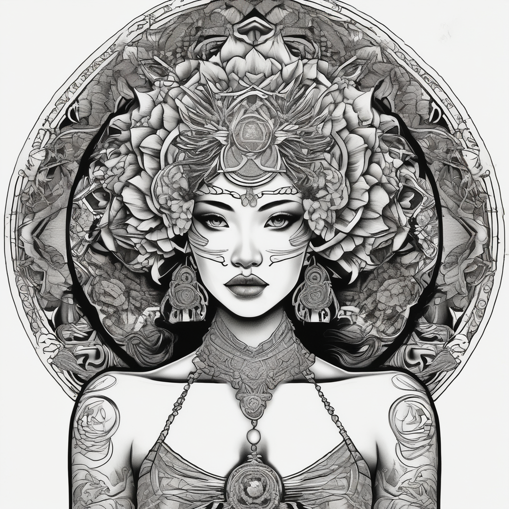 beautiful woman dmt deity with mandala fully behind head beautiful-sleeve, diseño de tatuaje Japonés generado con IA