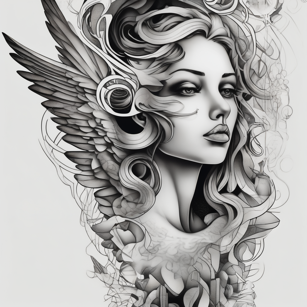 Arm sleeve with angels as a memorial beautiful-sleeve(AIが生成したシュルレアリスムスタイルのタトゥーデザイン)