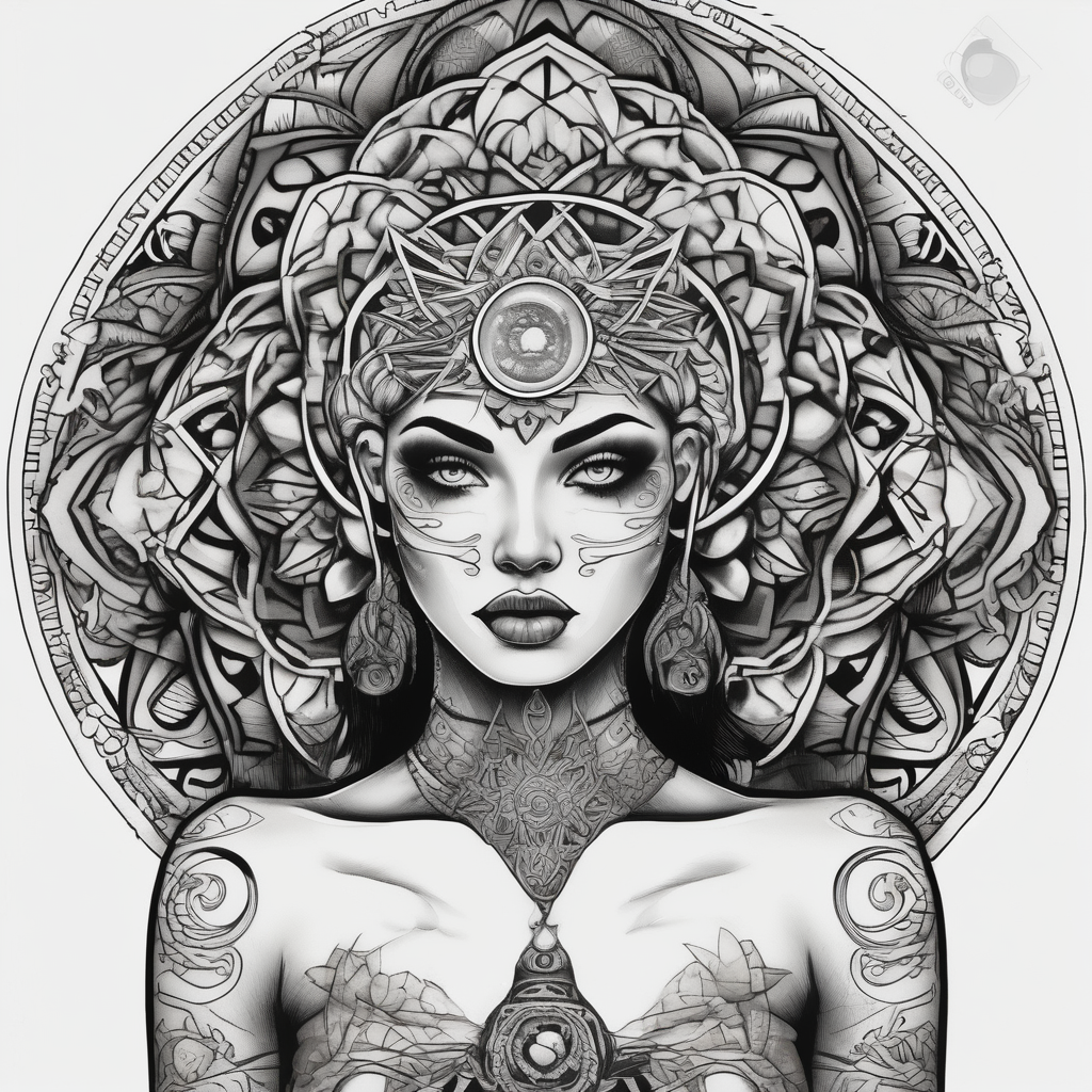beautiful woman dmt deity eyes white and 3rd eye open with mandala fully behind head beautiful-sleeve, diseño de tatuaje Surrealista generado con IA