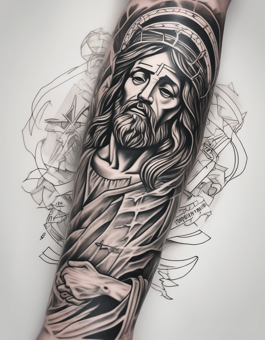 full sleeve arm tattoo of jesus timeline of life beautiful-sleeve, AI-generated Sketch tattoo design