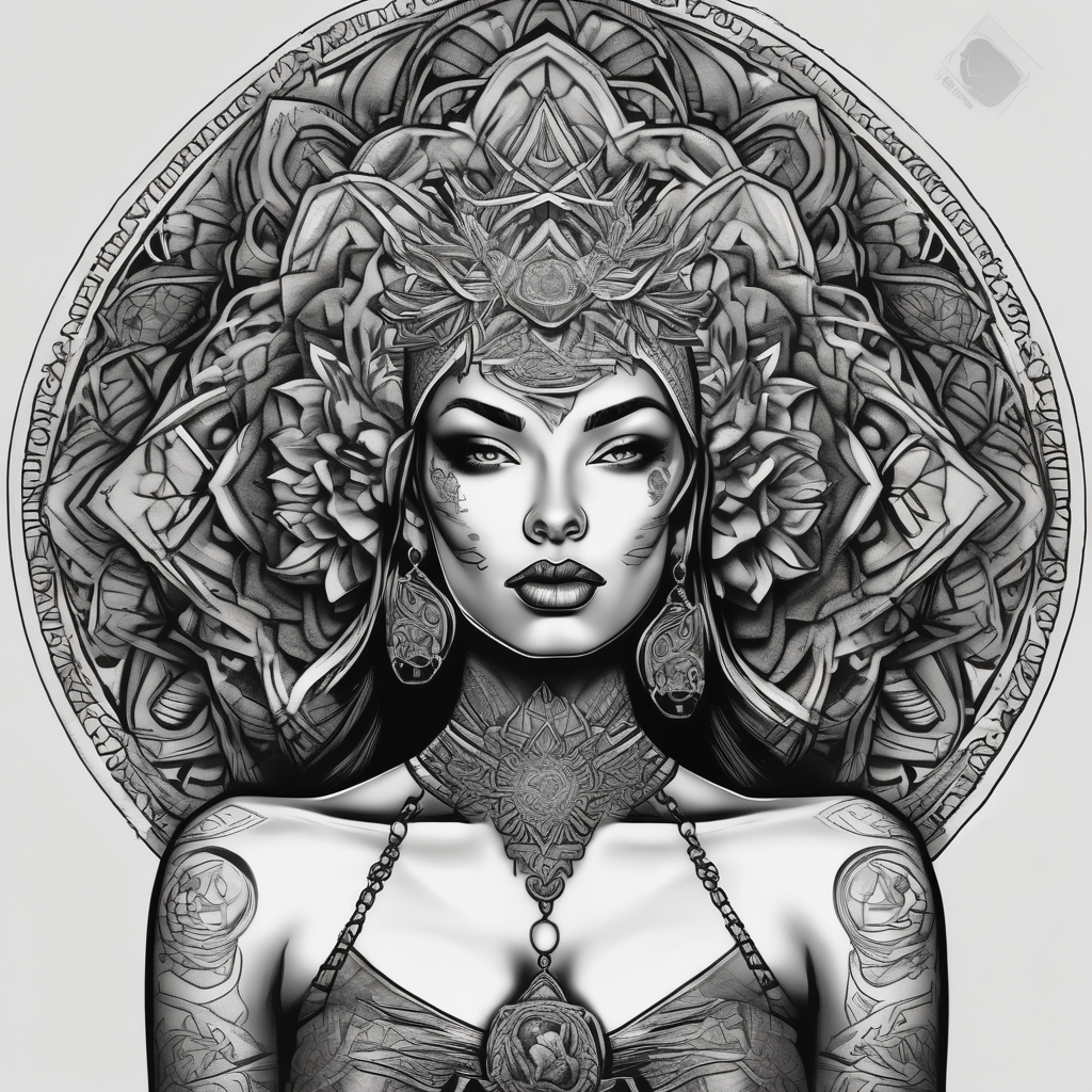 beautiful woman dmt deity with mandala fully behind head beautiful-sleeve, diseño de tatuaje Blanco y negro generado con IA