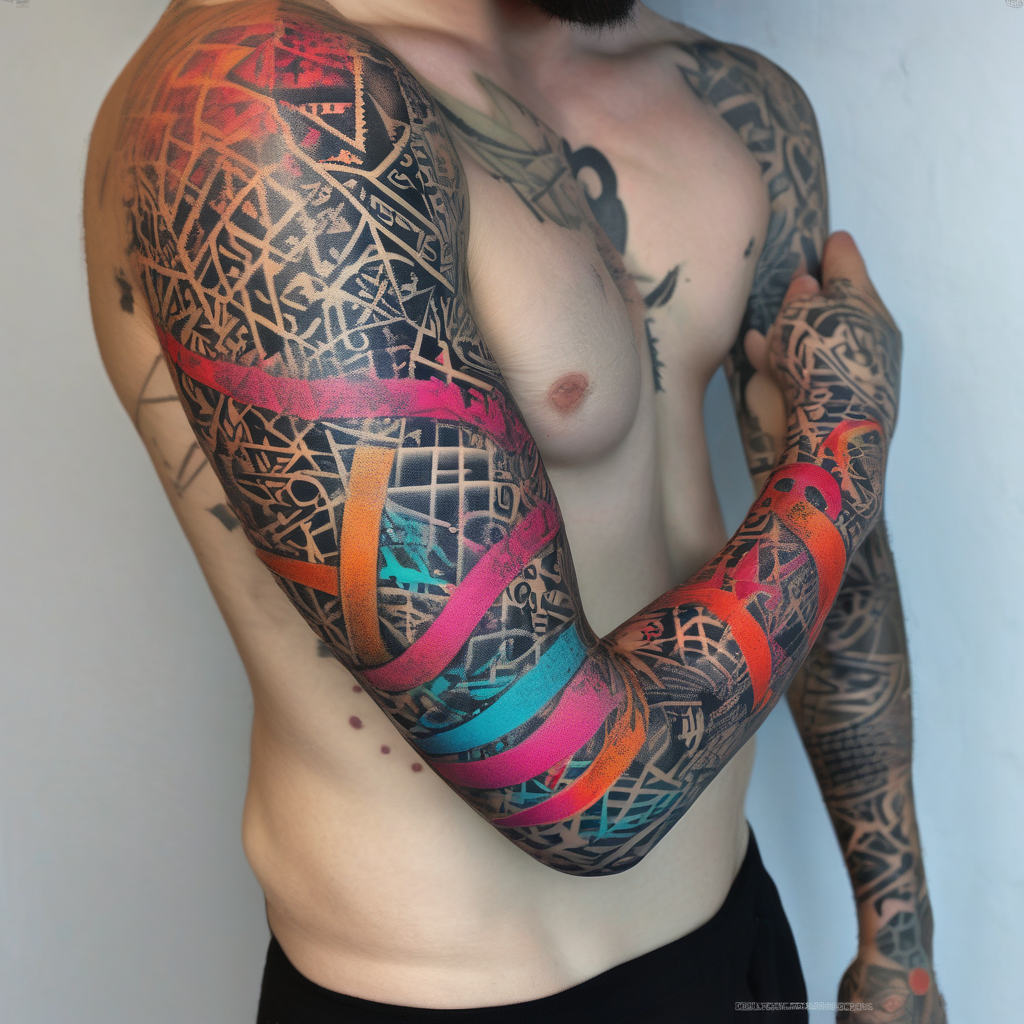Dawson and Dakota names in a graffiti into a full tattoo sleeve beautiful-sleeve(AIが生成したドットワークスタイルのタトゥーデザイン)