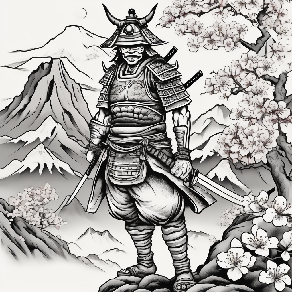 arm sleeve tattoo stencil of a samurai standing at the bottom of a mountain with cherry blossoms in the background, and japanese structures, also include an oni mask beautiful-sleeve(AIが生成したカートゥーンスタイルのタトゥーデザイン)