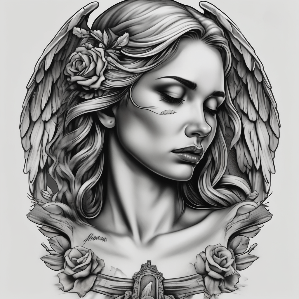 Beautiful woman angel crying over a tombstone beautiful-sleeve, diseño de tatuaje Realista generado con IA