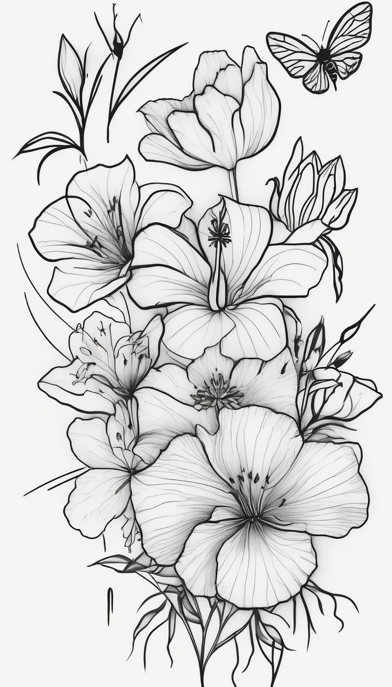 Verticle arm placement of dainty hibiscus, TULIPS, LILLIES, DRAGONflower, with wildflowers, poppy, complimentary flowers, bees, peony, forearm, AI-generated Minimalist tattoo design