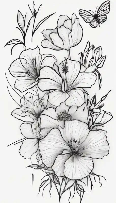 Verticle arm placement of dainty hibiscus, TULIPS, LILLIES, DRAGONflower, with wildflowers, poppy, complimentary flowers