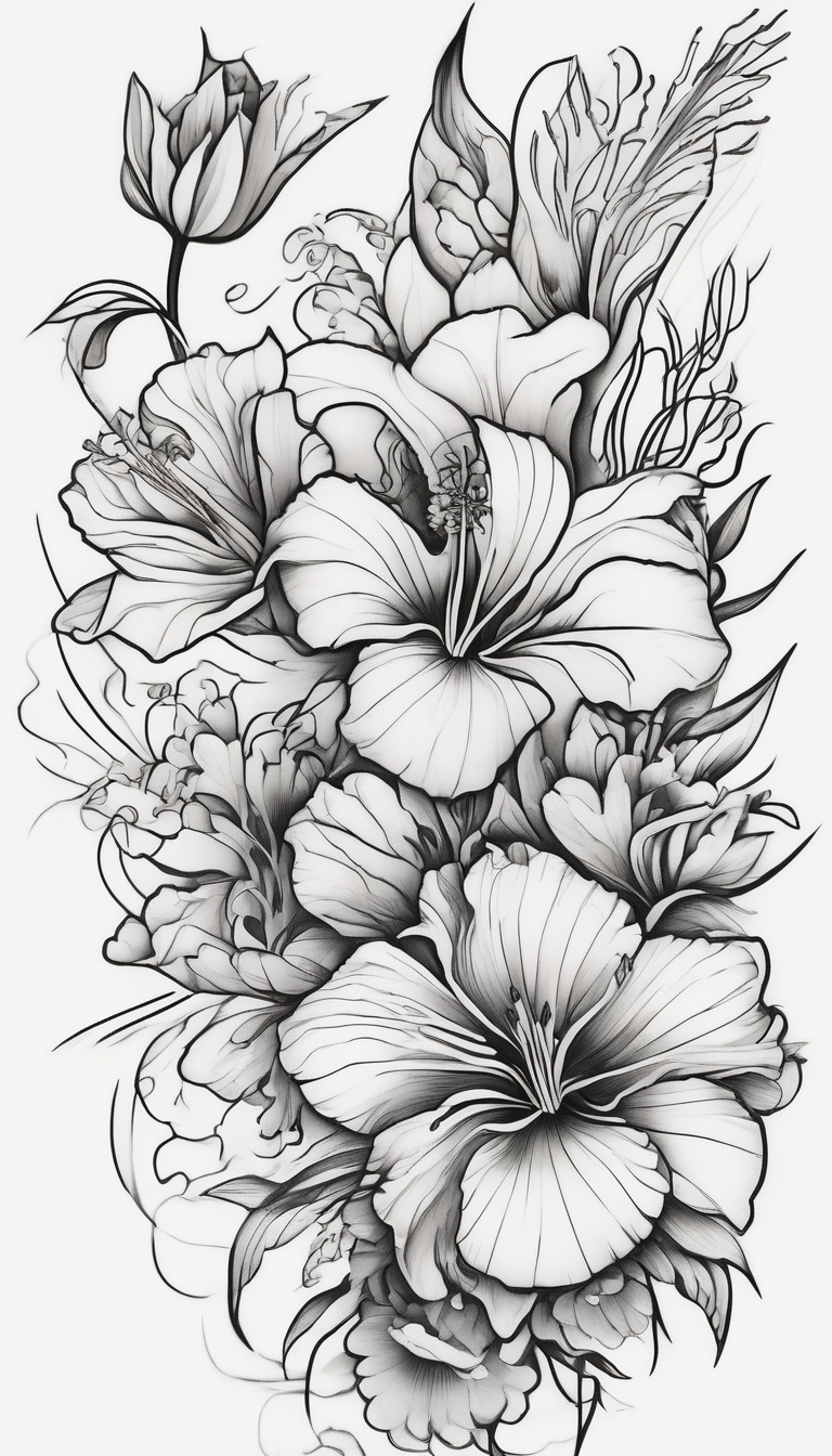 Verticle arm placement of hibiscus, TULIPS, LILLIES, DRAGONflower, with wildflowers, poppy, complimentary flowers, bees, peony, forearm, AI-generated Japanese tattoo design