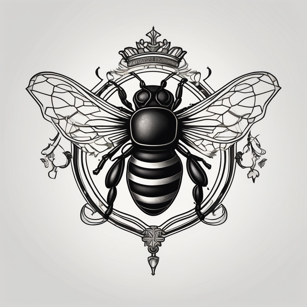 a bee inside of a emblem, like a family blazon think like Louis XIV a bit classy, diseño de tatuaje Minimalista generado con IA