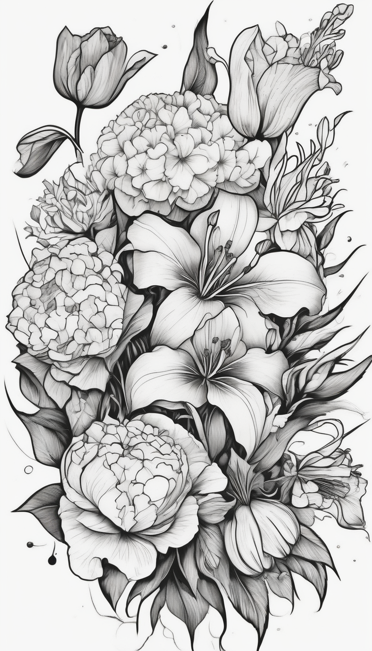 Verticle arm placement of HydrANGEAS, TULIPS, LILLIES, DRAGONflower, with wildflowers, poppy, complimentary flowers, bees, peony, forearm, AI-generated Old School tattoo design