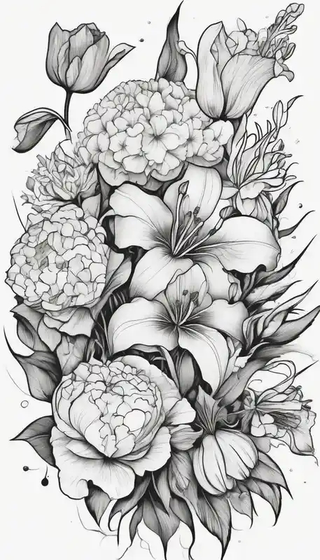 Verticle arm placement of HydrANGEAS, TULIPS, LILLIES, DRAGONflower, with wildflowers, poppy, complimentary flowers, bees – Old School, Black and white