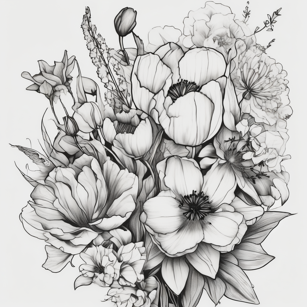 Verticle arm placement of HydrANGEAS, TULIPS, LILLIES, DRAGONflower, with wildflowers, poppy, complimentary flowers, bees, peony, forearm, AI-generated Sketch tattoo design