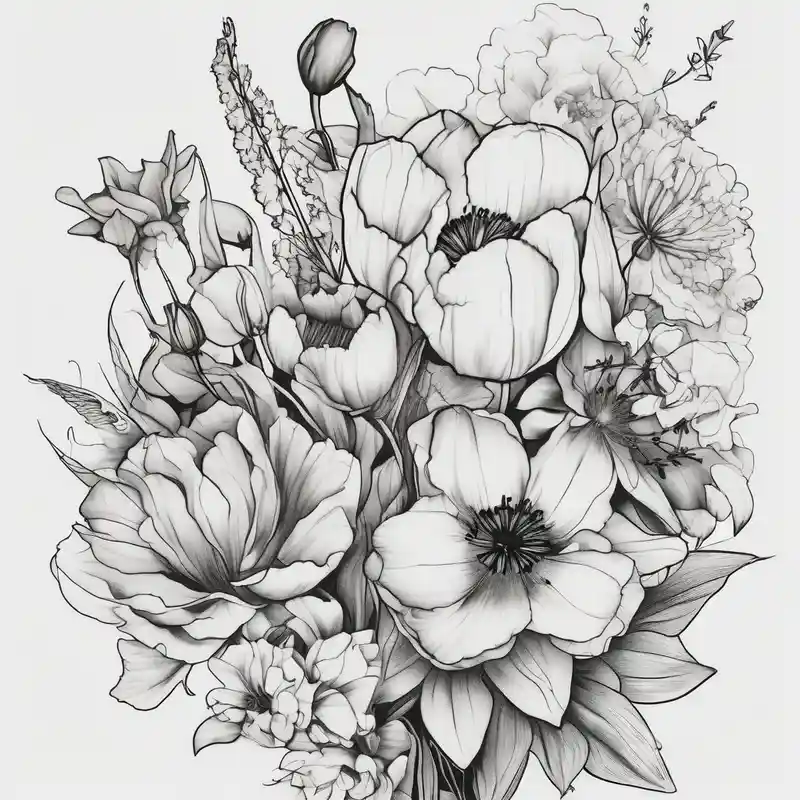Verticle arm placement of HydrANGEAS, TULIPS, LILLIES, DRAGONflower, with wildflowers, poppy, complimentary flowers, bees