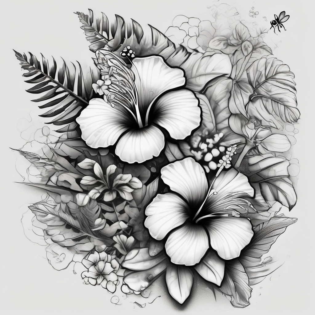 Half sleeve with hibiscuis, ferns, leaves, and complimentary flowers with small bees, AI-generated Black and White tattoo design