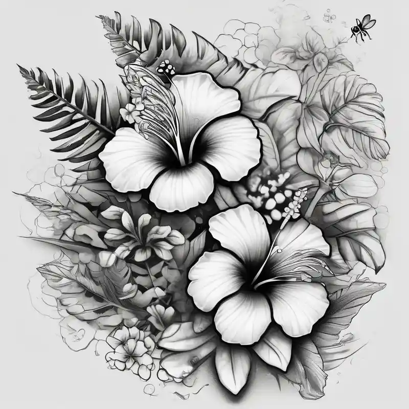 Half sleeve with hibiscuis, ferns, leaves, and complimentary flowers with small bees – Black and White, Black and white