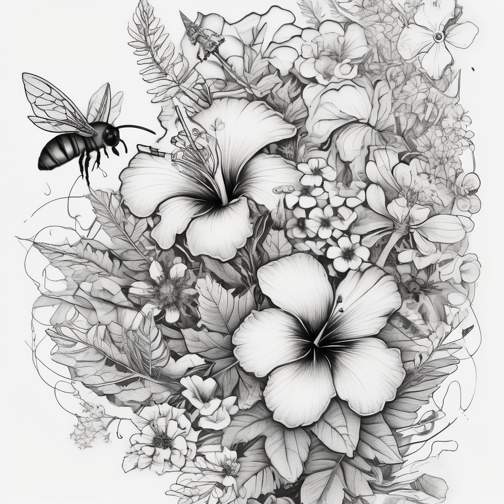 Half sleeve with wildflowers, hibiscuis, ferns, leaves, and complimentary flowers with small bees, AI-generated Surreal tattoo design