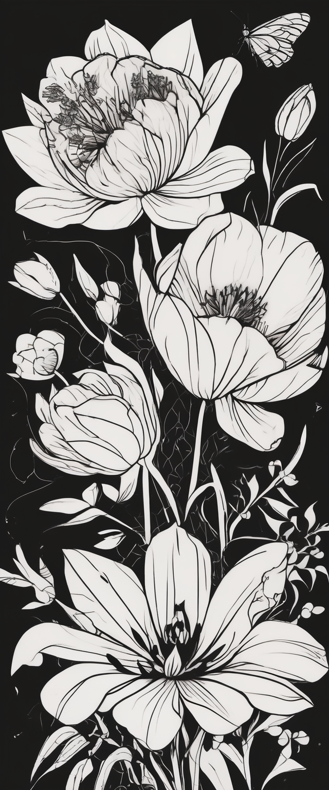 Verticle arm placement of dainty TULIPS, LILLIES, DRAGONflower, poppy, bees, peony, forearm, AI-generated Minimalist tattoo design