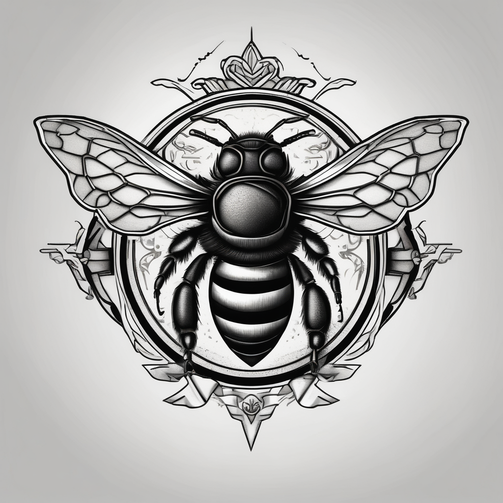 a bee inside of a emblem, like a family blazon think like Louis XIV, diseño de tatuaje Blanco y negro generado con IA