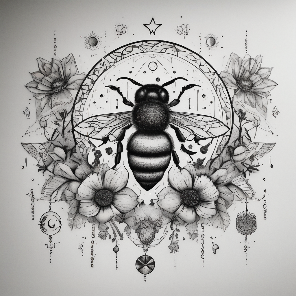Moon phases, crystal, floral, bee’s, AI-generated Dotwork tattoo design