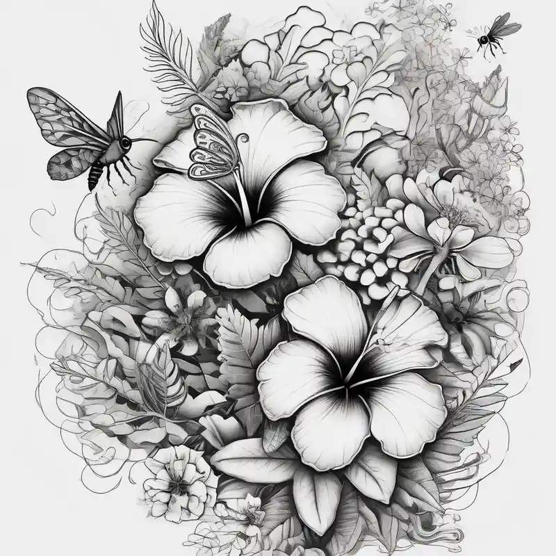 Half sleeve with hibiscuis, ferns, leaves, and complimentary flowers with small bees