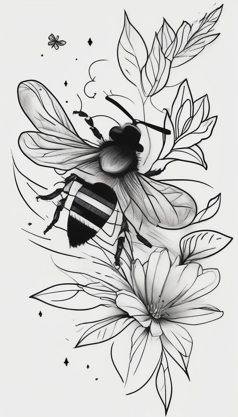 Verticle arm wrap of dainty flowers and leaves with bee forearm, AI-generated Minimalist tattoo design