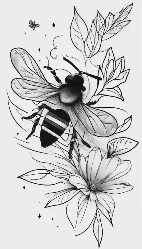 Verticle arm wrap of dainty flowers and leaves with bee forearm – Minimalist, Black and white