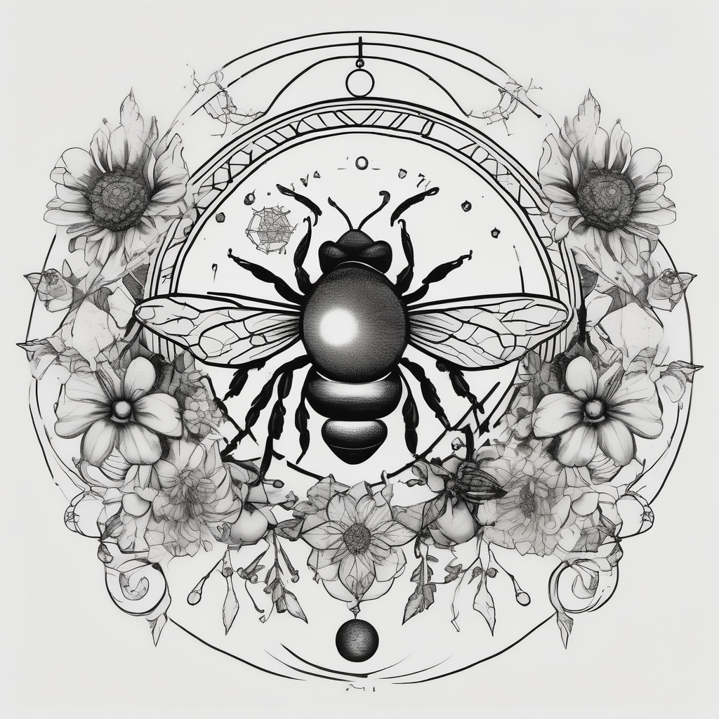 Moon phases, crystal, floral, bee’s, AI-generated Blackwork tattoo design