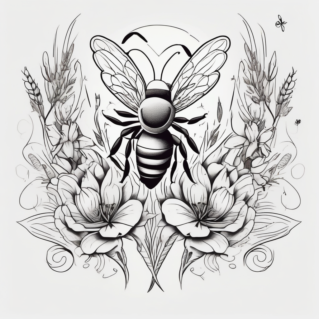 floral dainty soft leaves with bee dragonflower, wheat, tulip, AI-generated Cartoon tattoo design