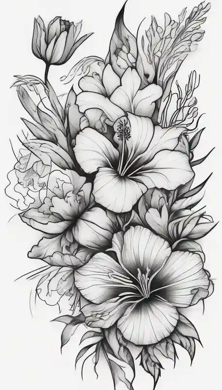 Verticle arm placement of dainty hibiscus, TULIPS, LILLIES, DRAGONflower, with wildflowers, poppy, complimentary flowers – Blackwork, Vibrant color